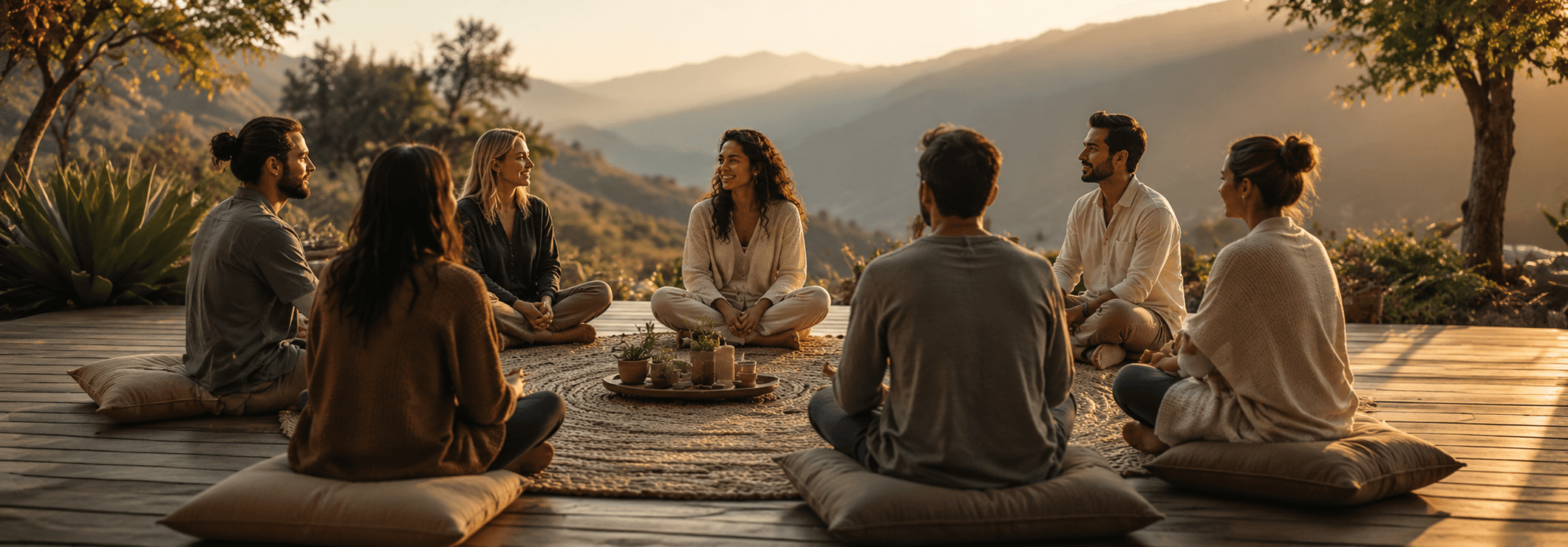 A circle of people gathered outdoors for a facilitated conversation.